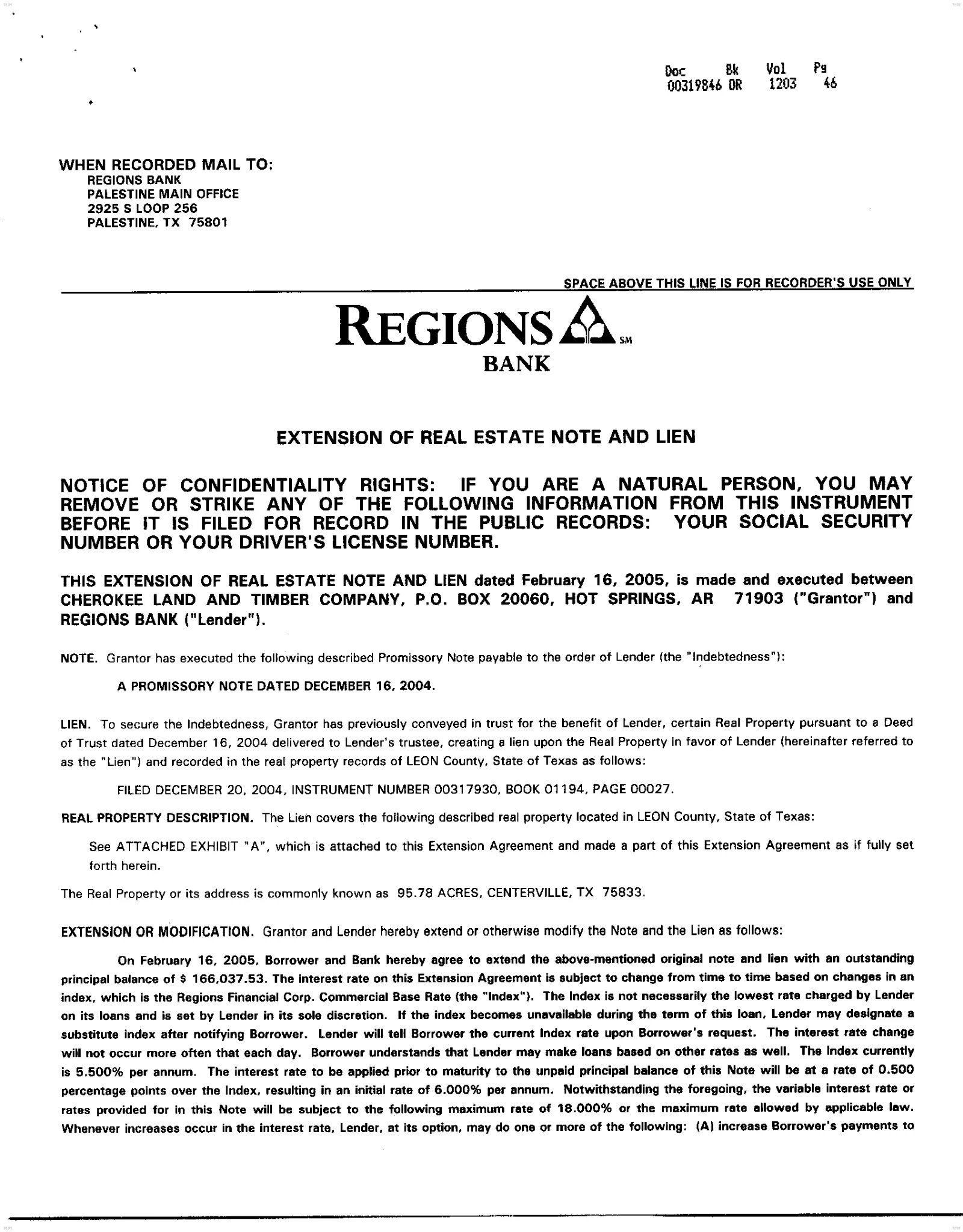 Cherokee Land And Timber Company - Recorded Extensn Of Lien (Vol. 1203, Page 46)