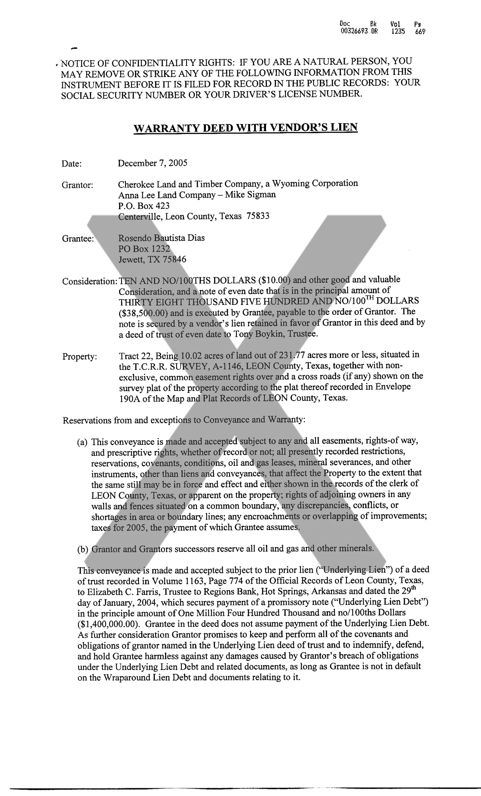 Cherokee Land And Timber Company - Recorded Warranty Deed (Vol. 1235, Page 669)